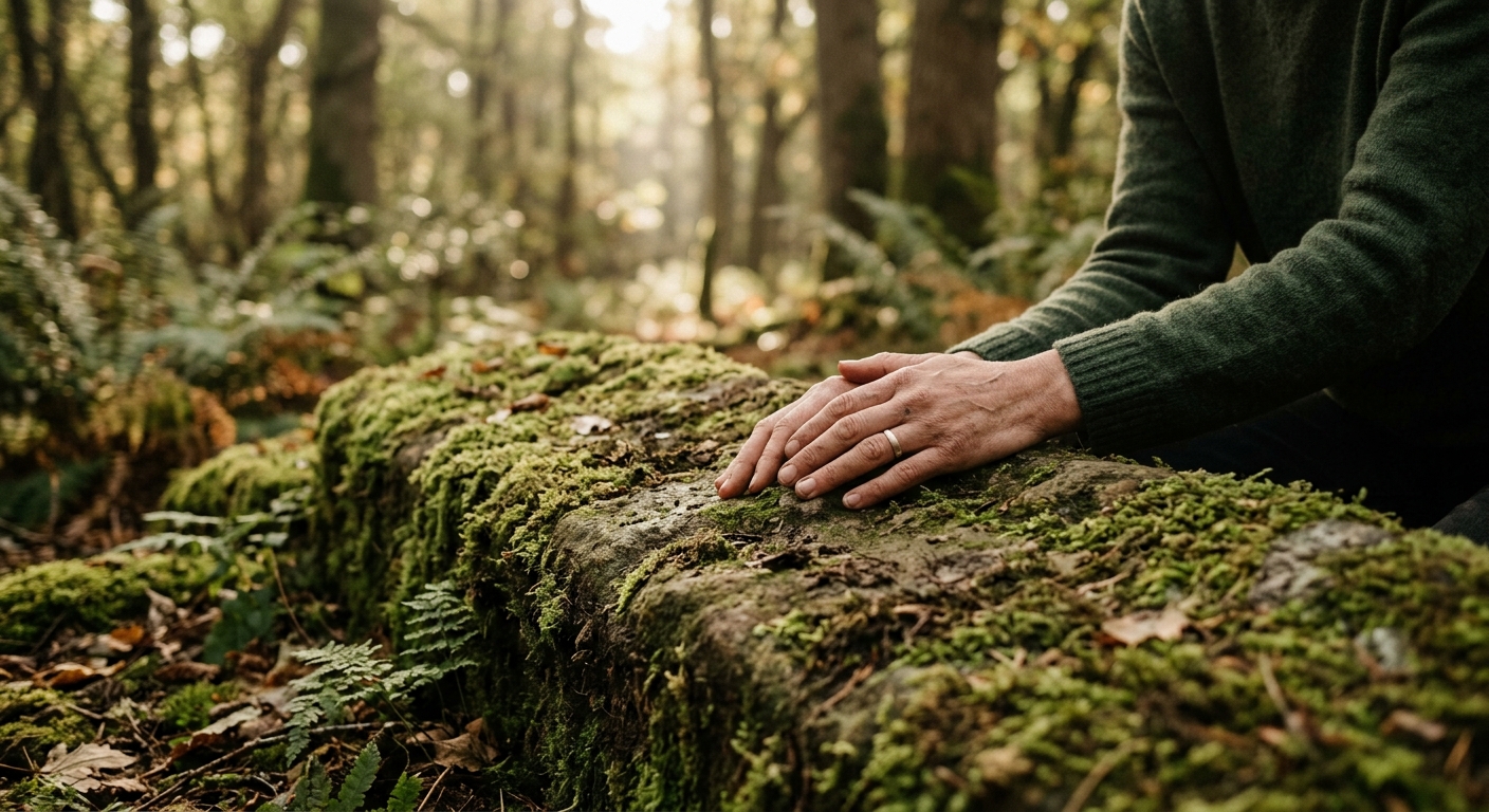 Manos apoyadas suavemente sobre una roca natural con musgo que simbolizan la presencia terrenal y la aceptación emocional frente al bypass espiritual